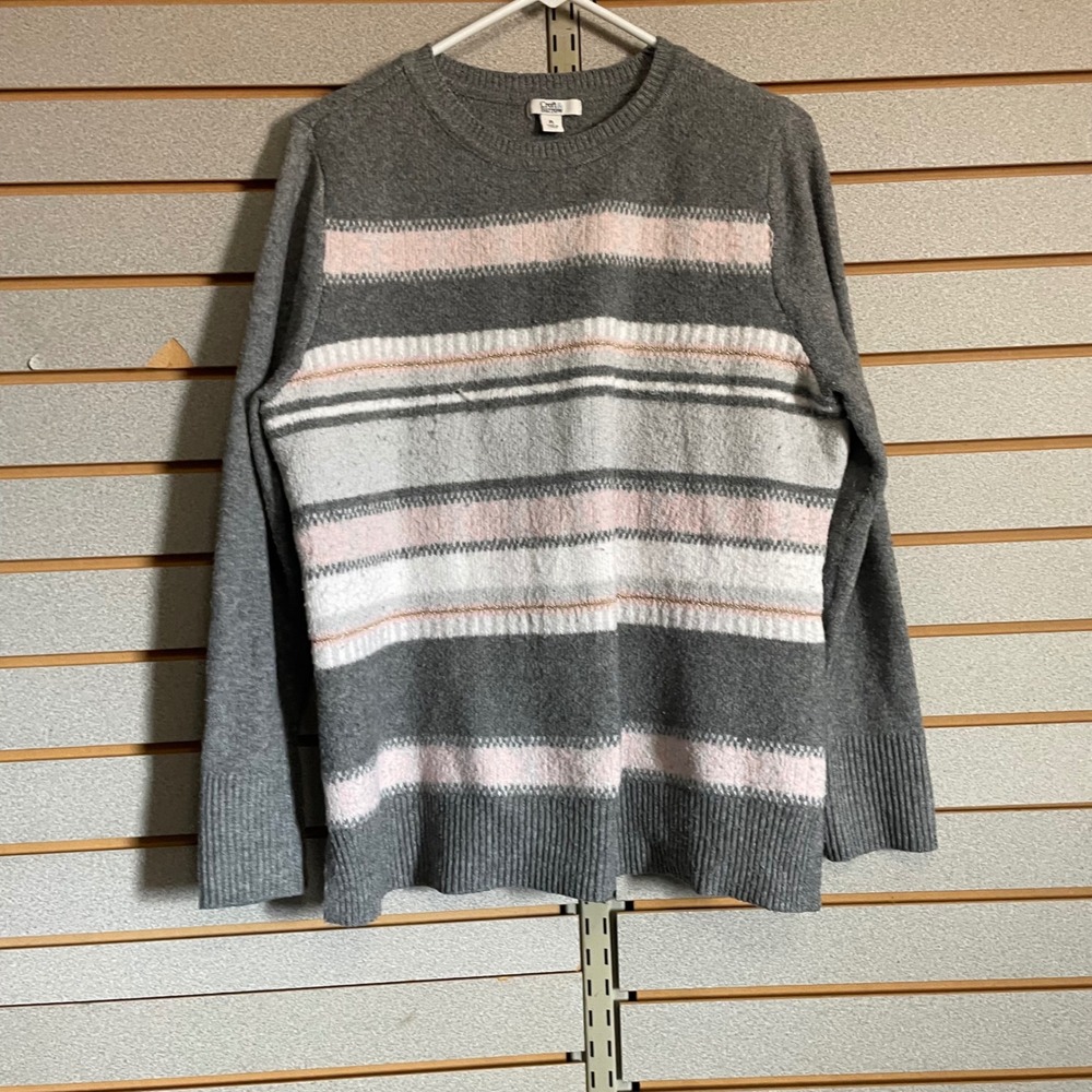 Croft & Barrow Womens Petite Large Grey Pink Striped Metallic Crew Neck Sweater